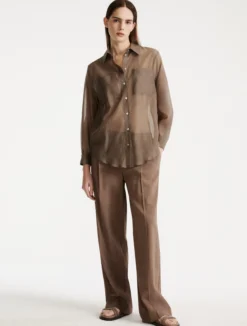 Camicia in mussola di cotone e seta organzata - MARRONE