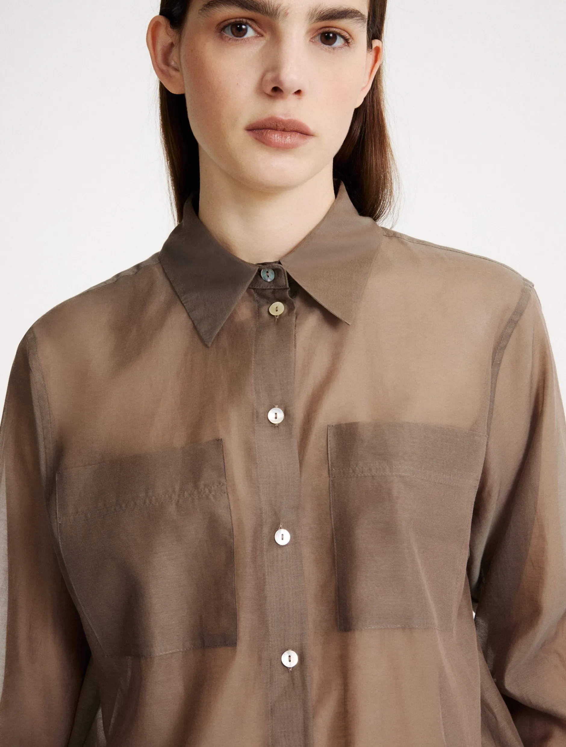 Camicia in mussola di cotone e seta organzata - MARRONE