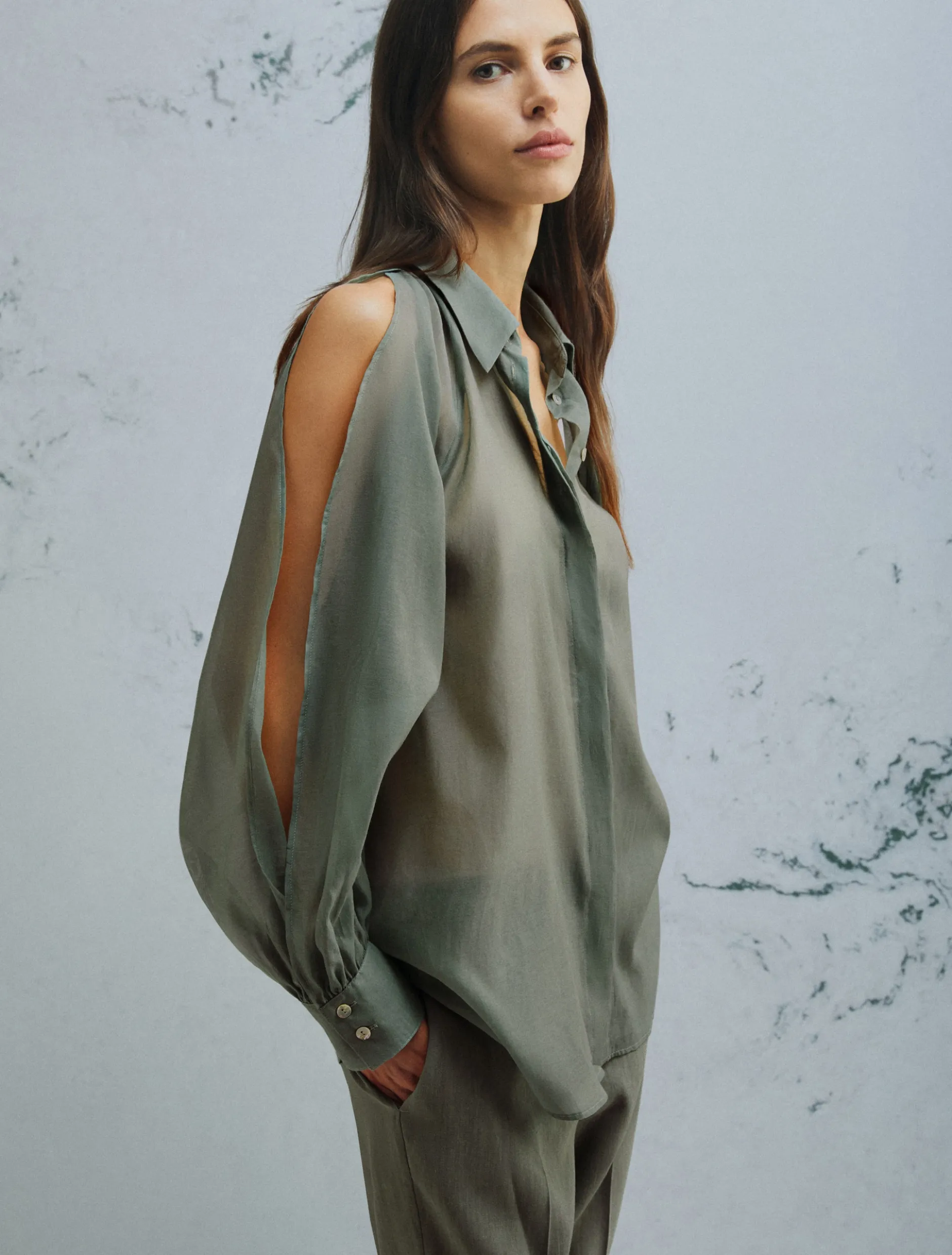 Camicia in mussola di cotone e seta - VERDE