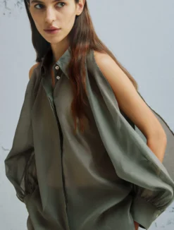 Camicia in mussola di cotone e seta - VERDE