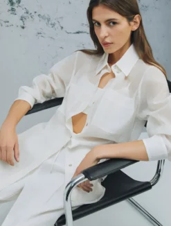 Camicia in mussola di cotone e seta organzata - BIANCO LANA