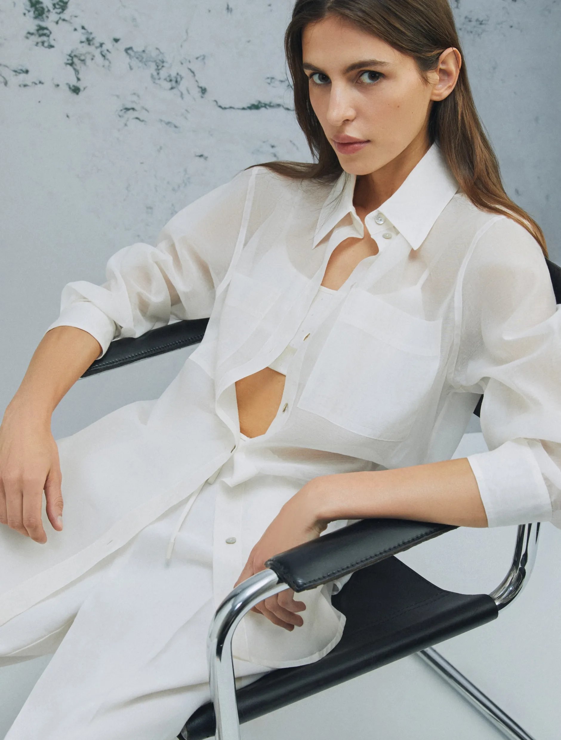 Camicia in mussola di cotone e seta organzata - BIANCO LANA