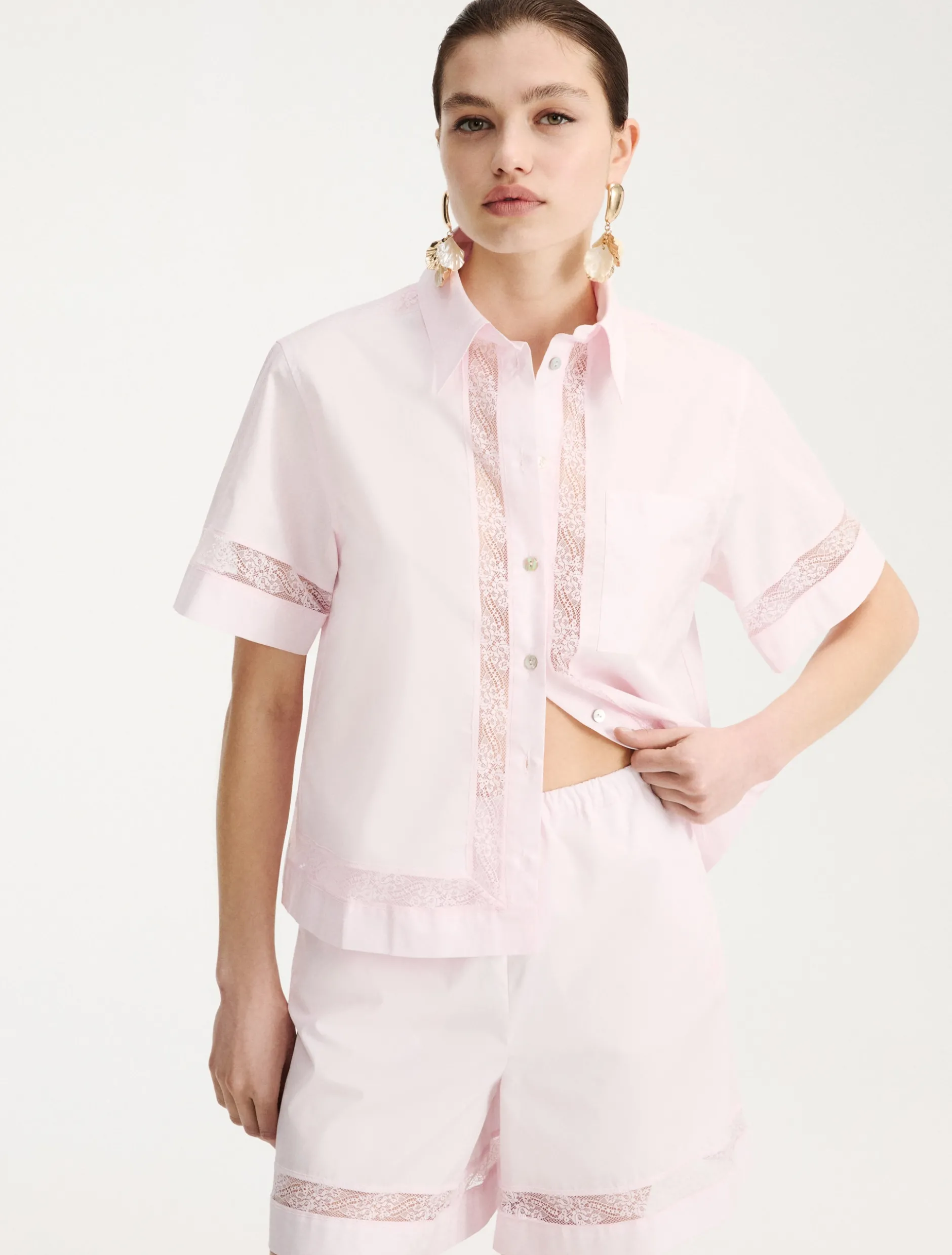 Camicia in popeline con pizzo - ROSA