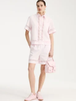 Camicia in popeline con pizzo - ROSA