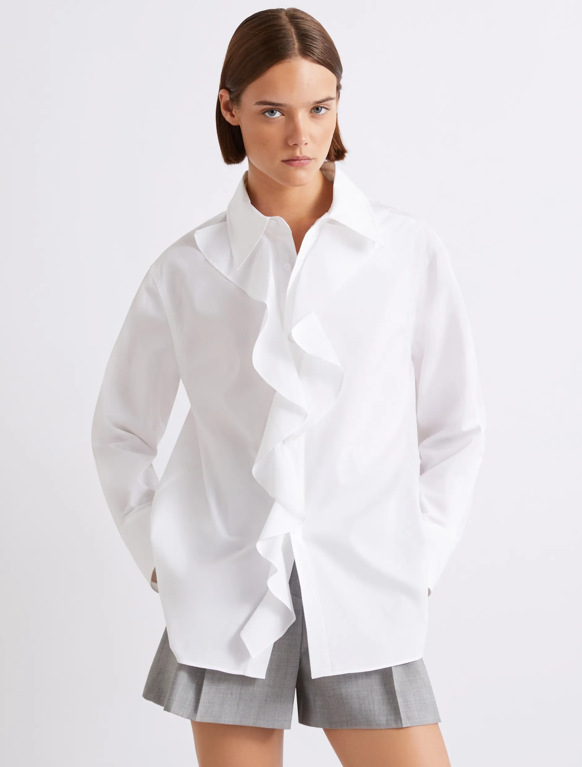 Camicia in popeline con rouche - BIANCO