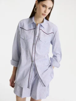 Camicia in popeline con tasche applicate - AZZURRO