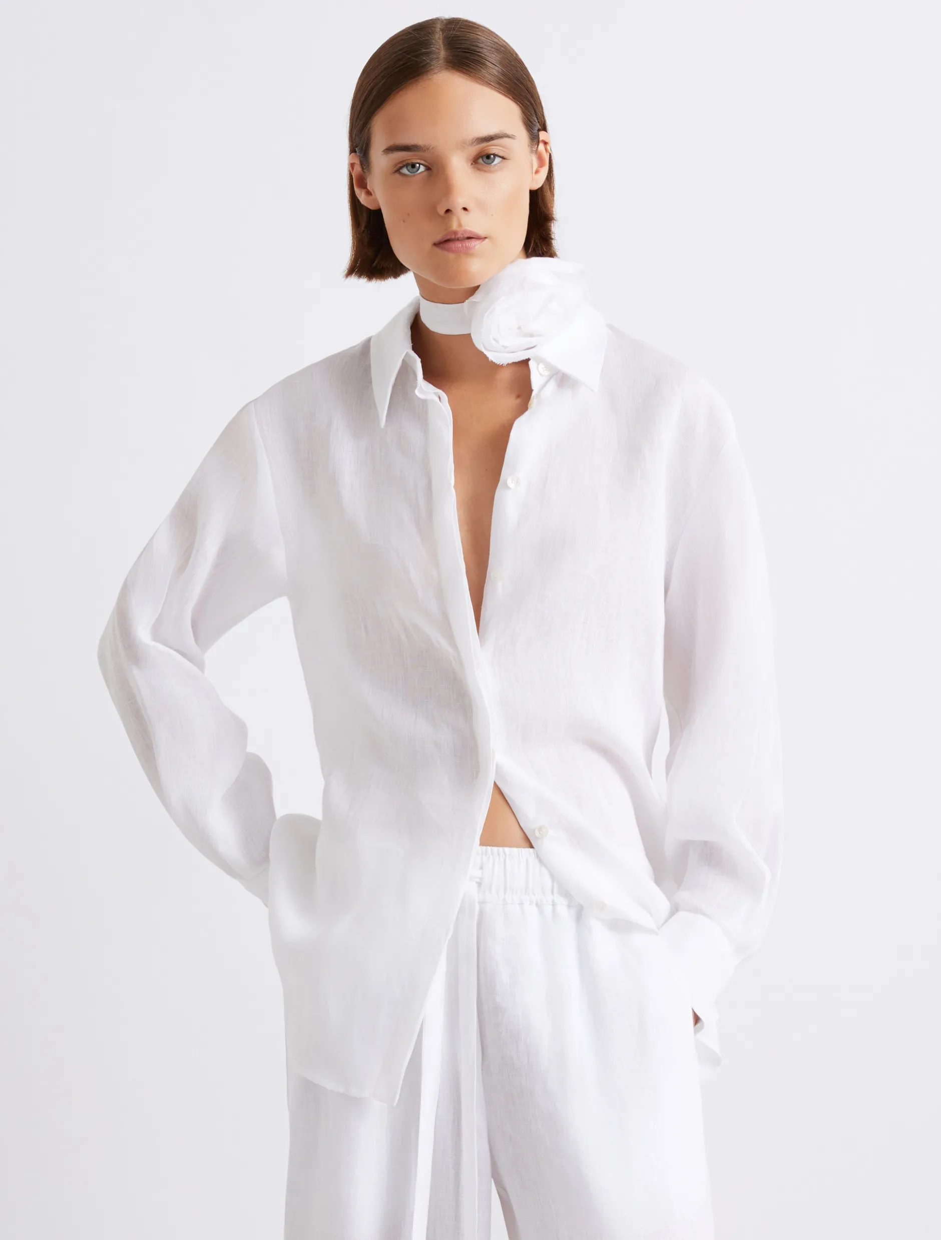 Camicia in puro lino con sciarpina - BIANCO OTTICO