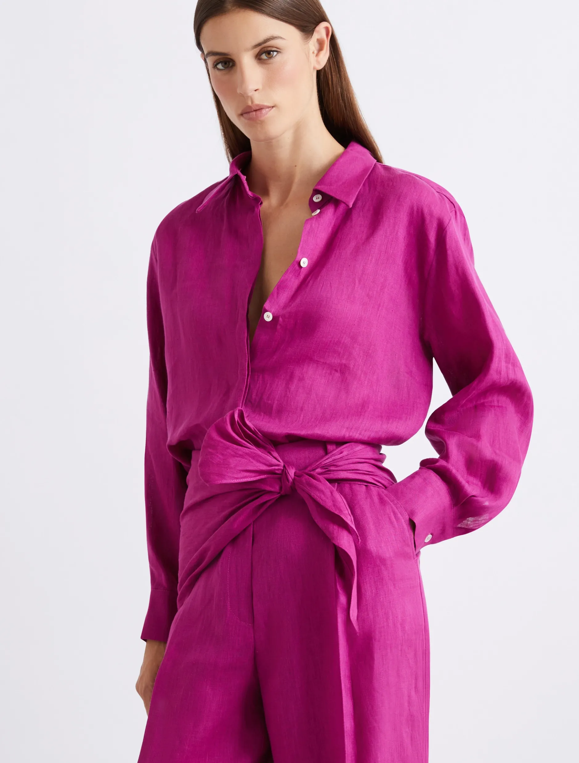 Camicia in puro lino con sciarpina - FUXIA