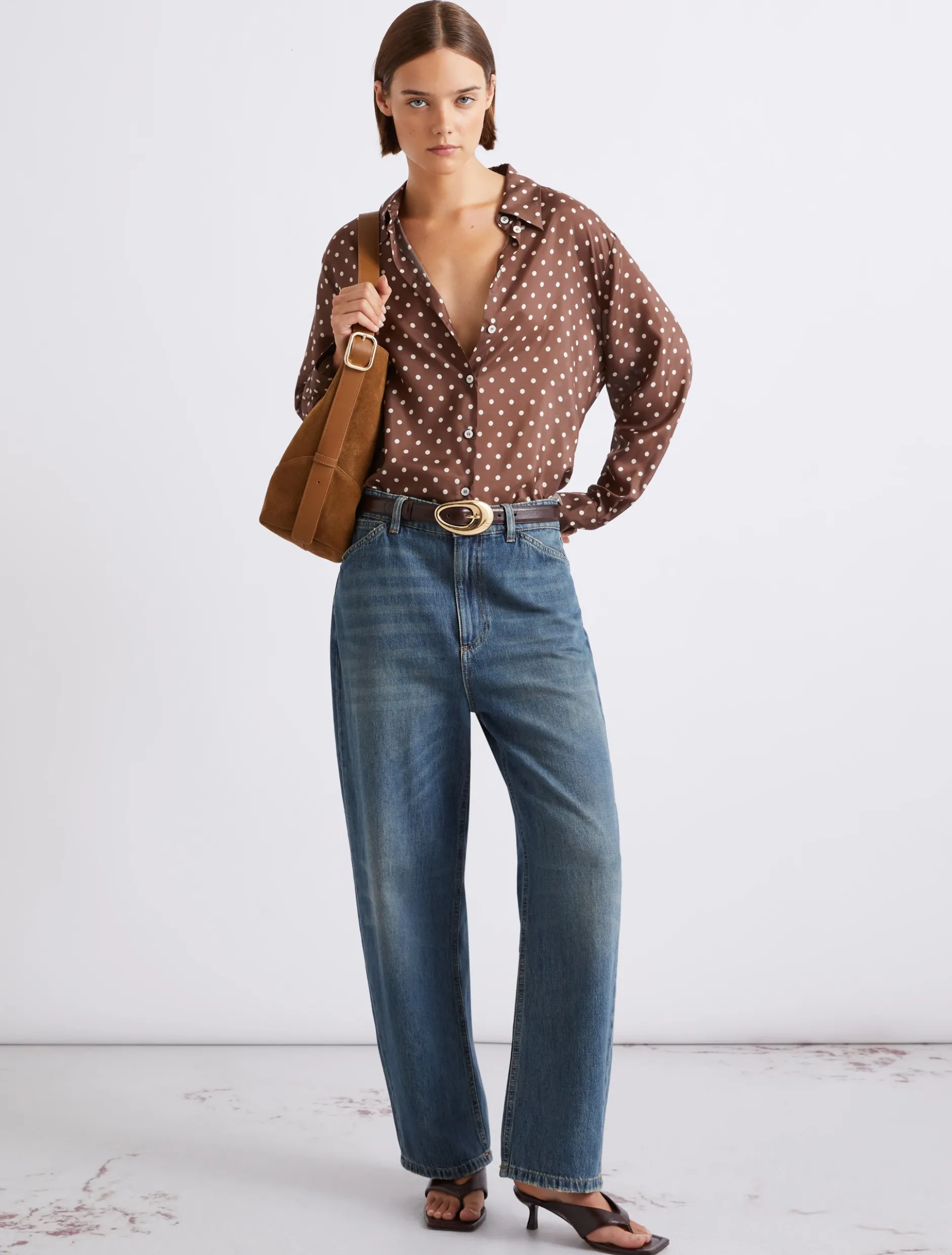 Camicia in seta habotai stampata - MARRONE