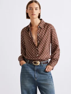 Camicia in seta habotai stampata - MARRONE