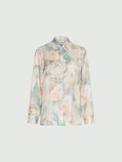 Camicia in seta habotai stampata - AZZURRO