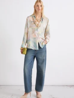 Camicia in seta habotai stampata - AZZURRO