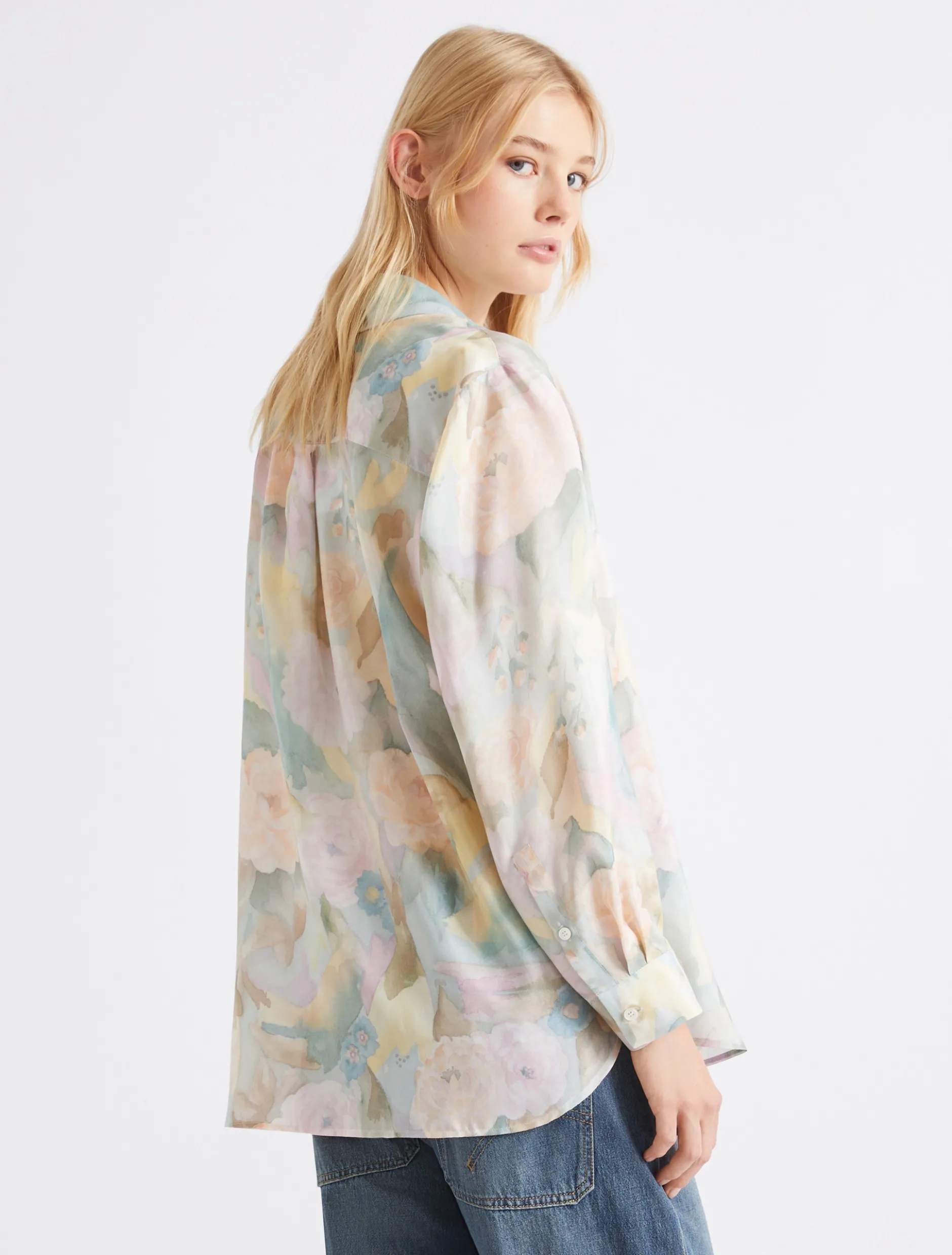 Camicia in seta habotai stampata - AZZURRO
