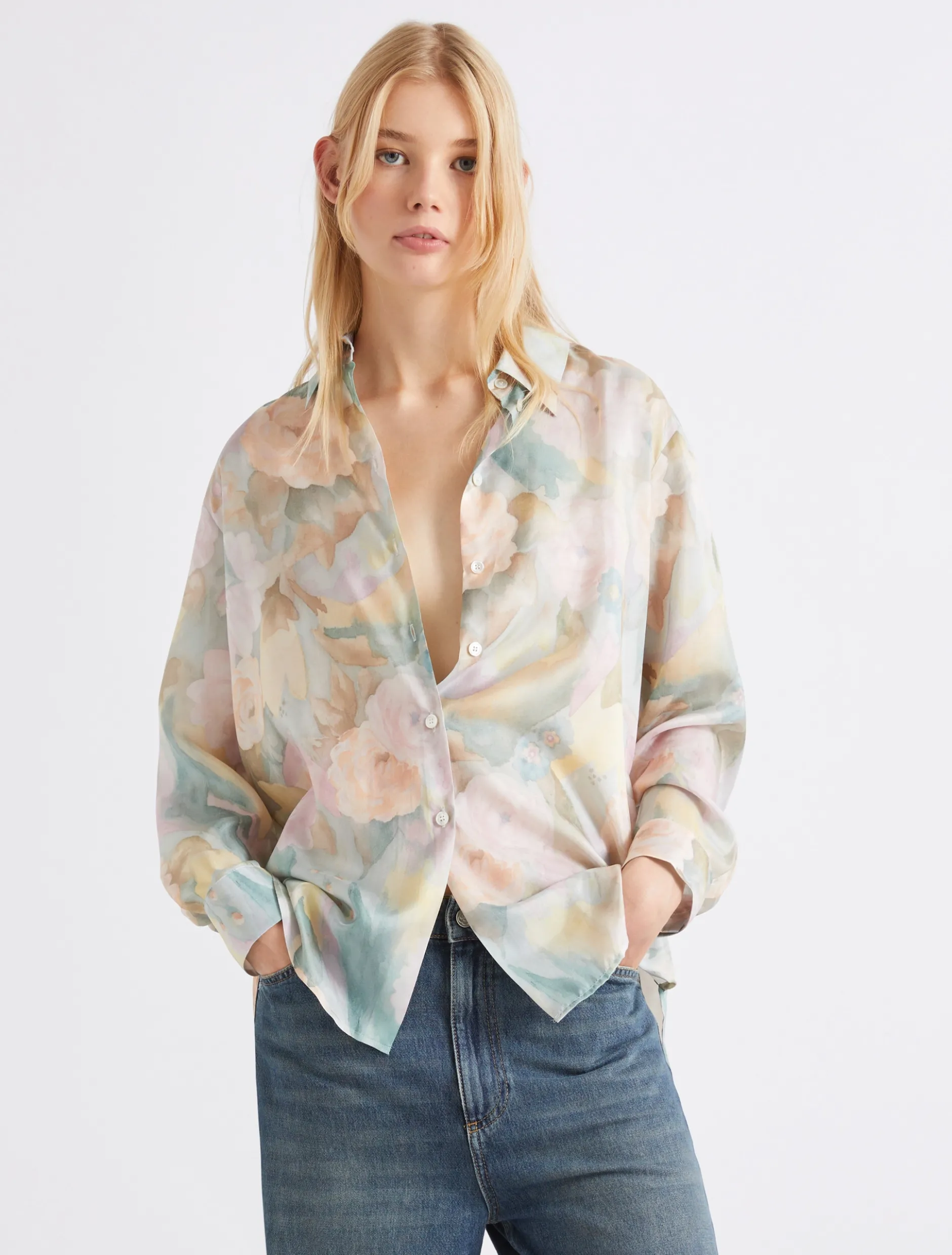Camicia in seta habotai stampata - AZZURRO