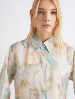 Camicia in seta habotai stampata - AZZURRO
