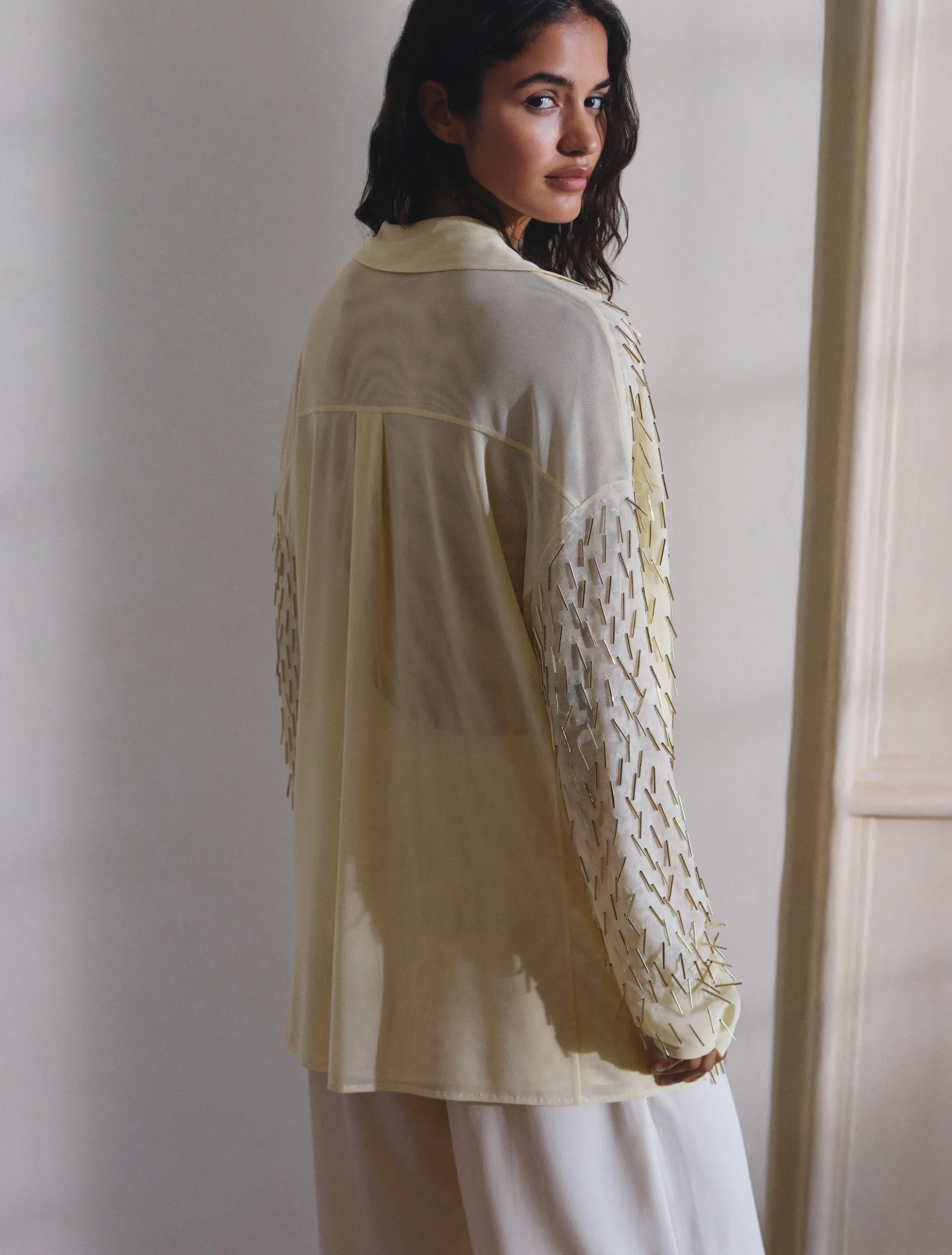 Camicia in tulle con ricamo canottiglie - GIALLO CHIARO
