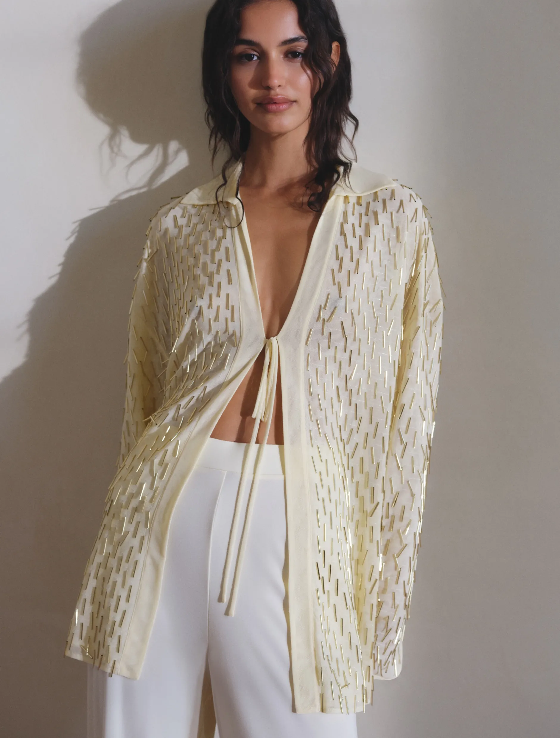 Camicia in tulle con ricamo canottiglie - GIALLO CHIARO