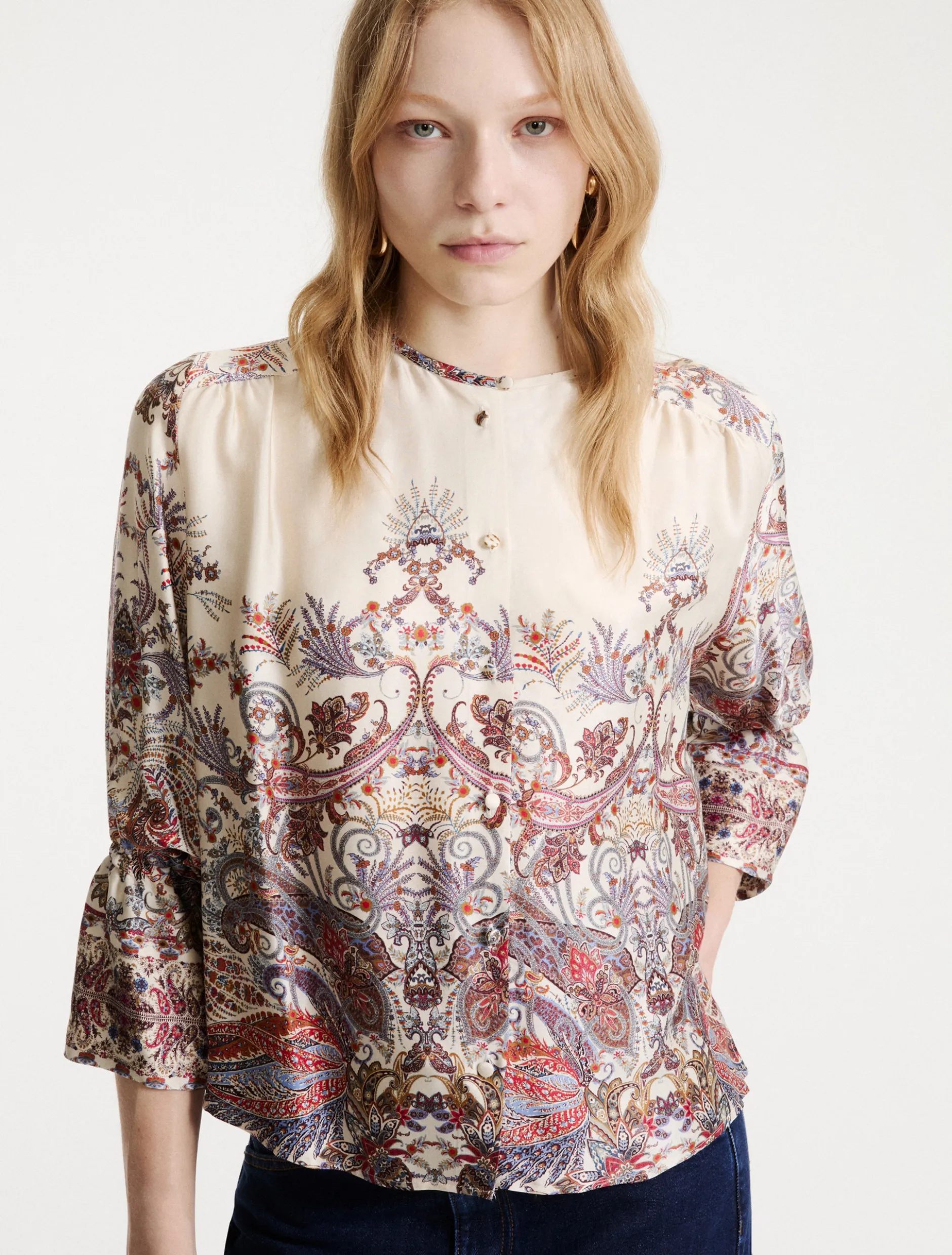 Camicia stampata in raso - PANNA