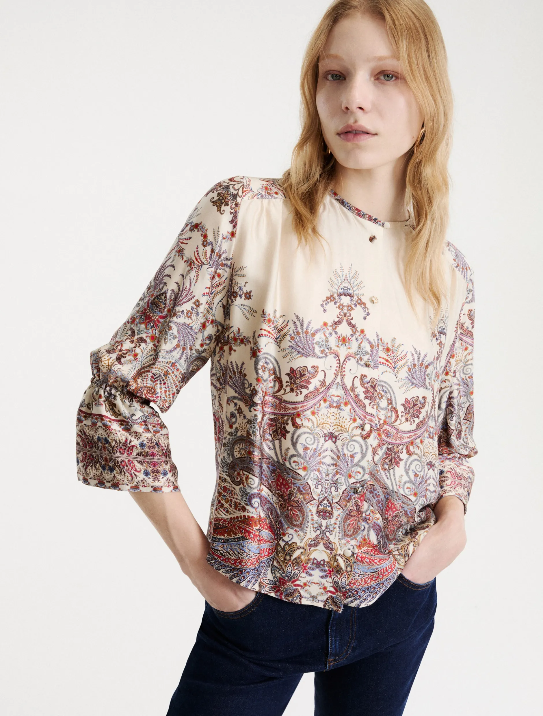 Camicia stampata in raso - PANNA