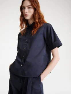 Camicia svasata in popeline - Blu