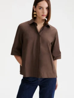 Camicia svasata in popeline - MARRONE