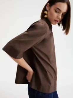 Camicia svasata in popeline - MARRONE