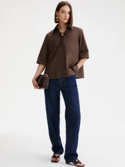 Camicia svasata in popeline - MARRONE