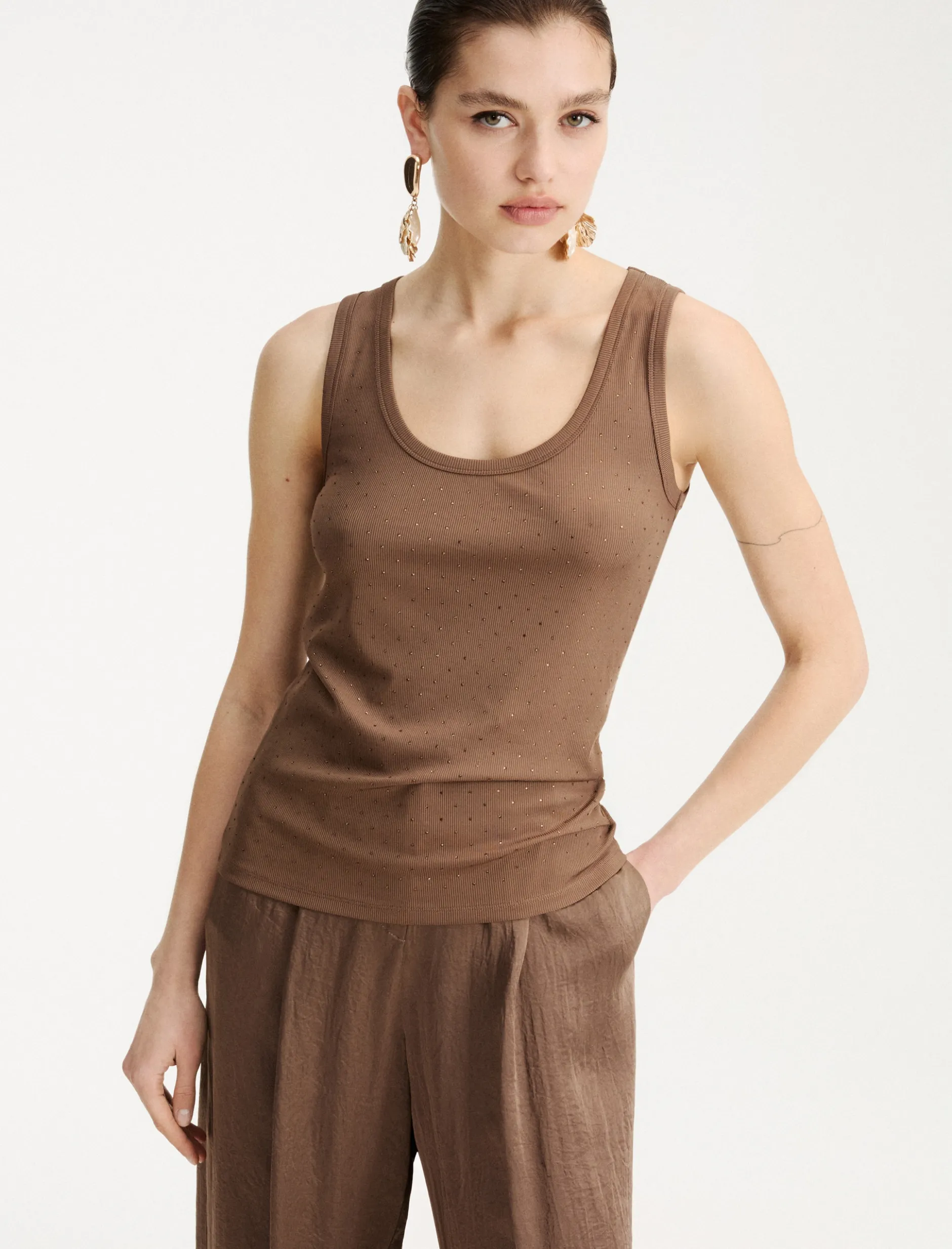 Canotta in jersey con micro strass - MARRONE