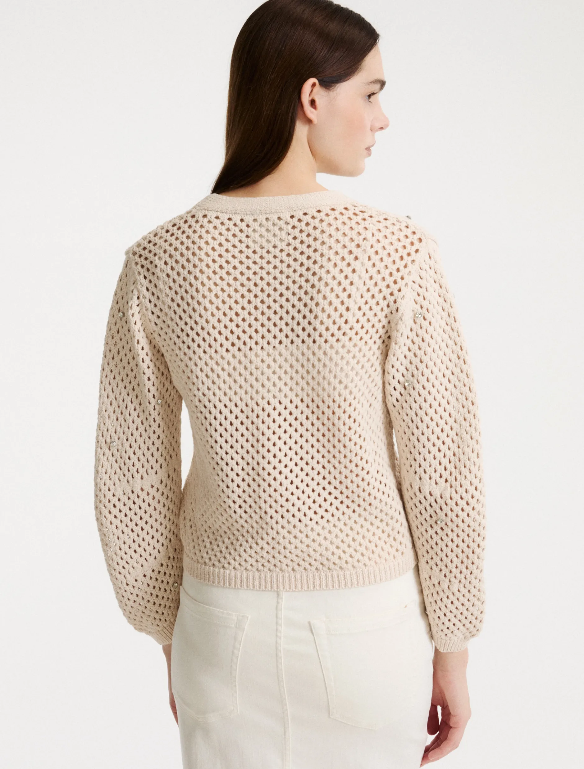 Cardigan a rete con strass - BIANCO LANA