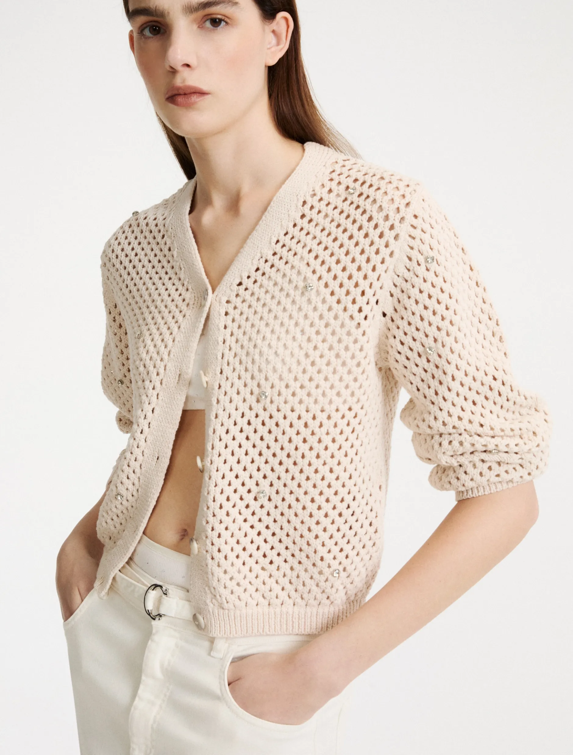Cardigan a rete con strass - BIANCO LANA
