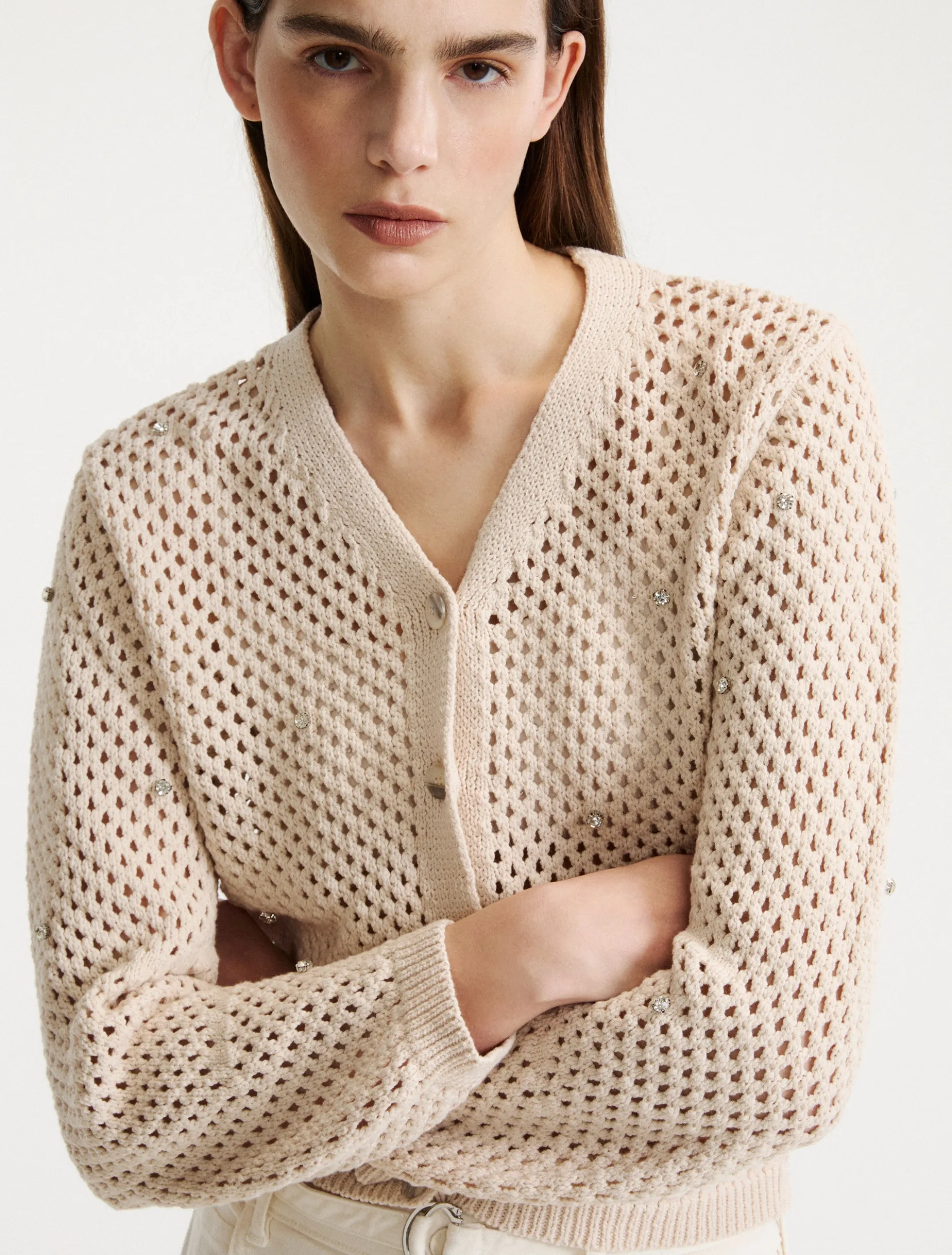 Cardigan a rete con strass - BIANCO LANA