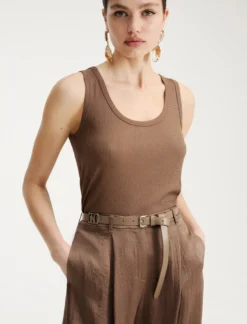 Cintura sottile in pelle con fibbie - MARRONE