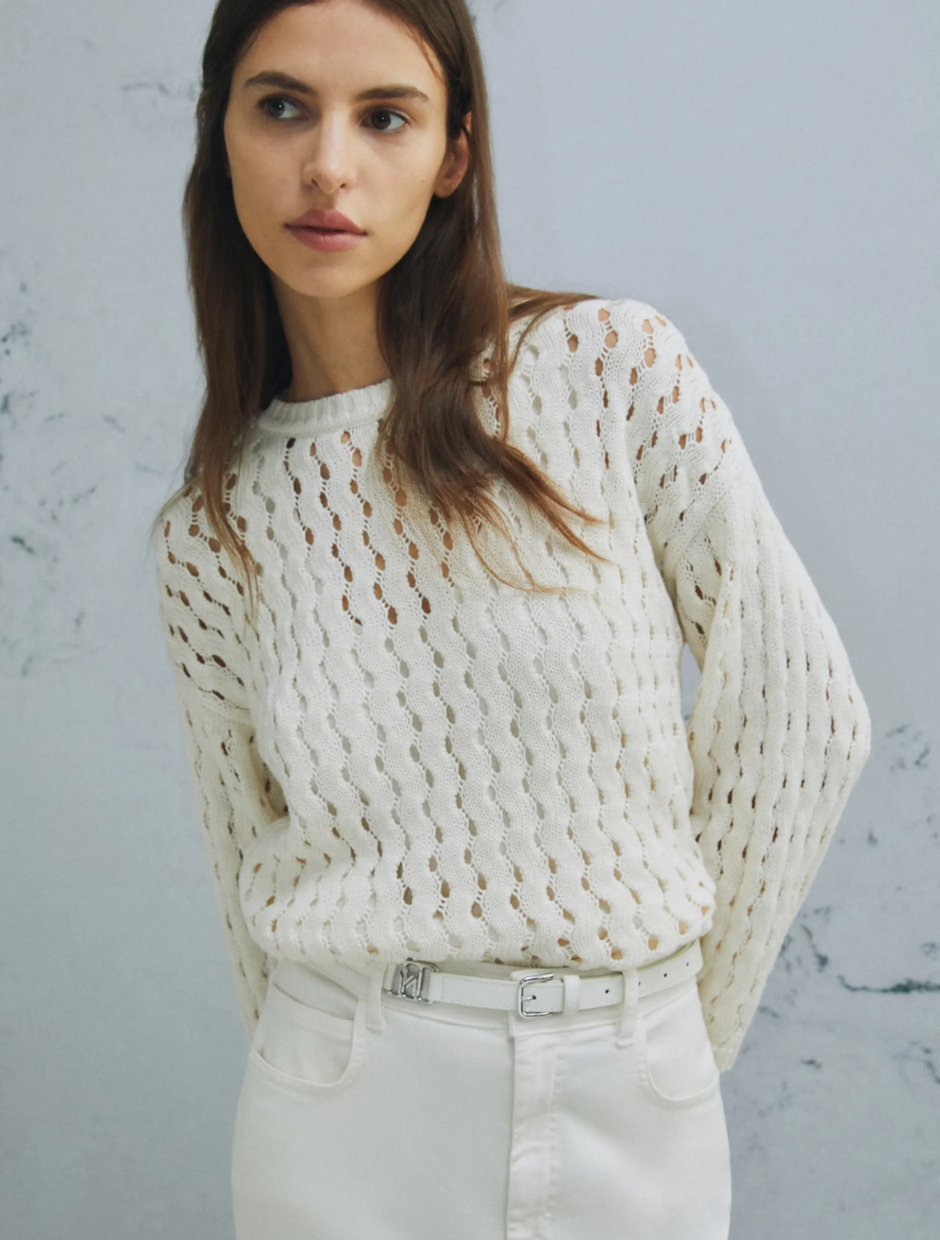 Cintura sottile in pelle con fibbie - BIANCO SPORCO