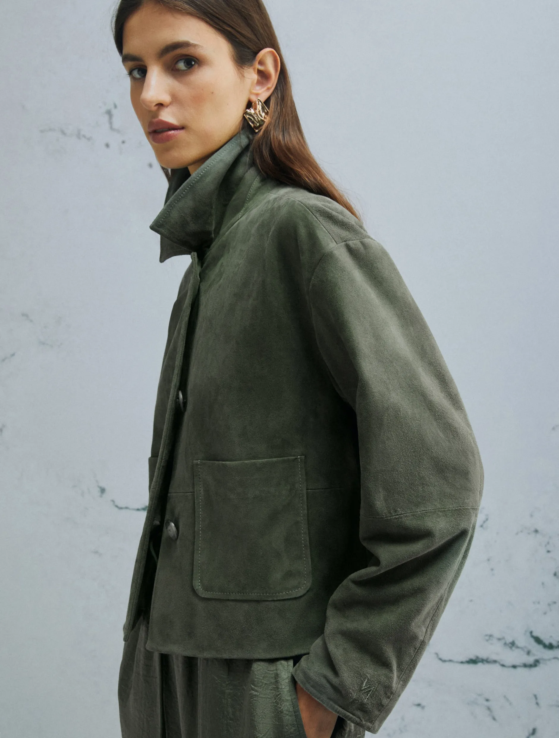 Giacca boxy in suede - VERDE