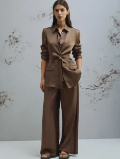 Giacca in twill con cintura - MARRONE