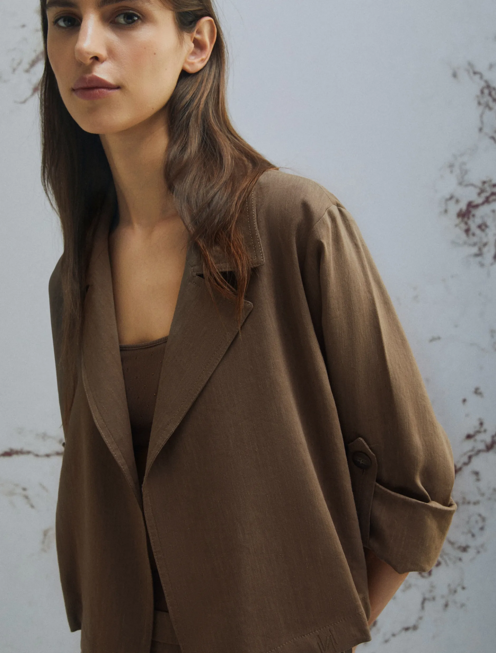 Giacca in viscosa e lino stretch - MARRONE