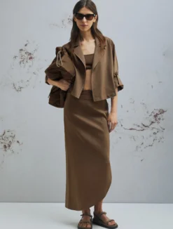 Giacca in viscosa e lino stretch - MARRONE