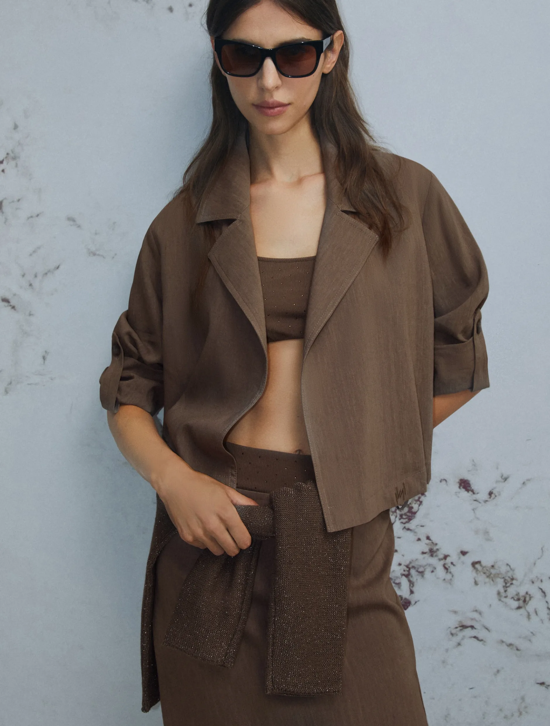 Giacca in viscosa e lino stretch - MARRONE