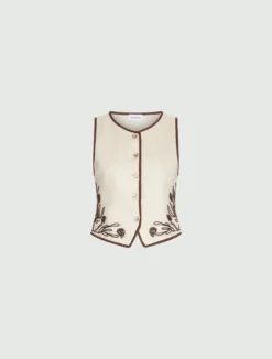 Gilet ricamato in lino - PANNA