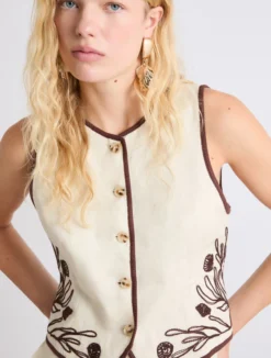 Gilet ricamato in lino - PANNA