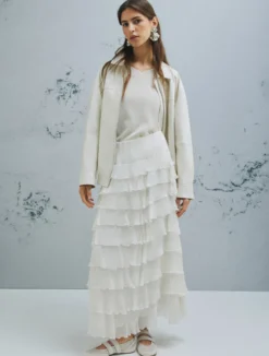 Gonna in creponne con balze - BIANCO LANA