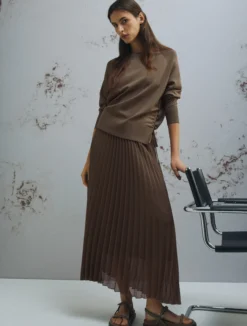 Gonna longuette in rete plissé - MARRONE