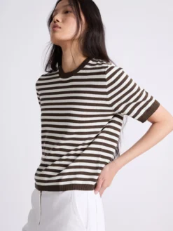 Maglia a manica corta in cotone e seta - MARRONE