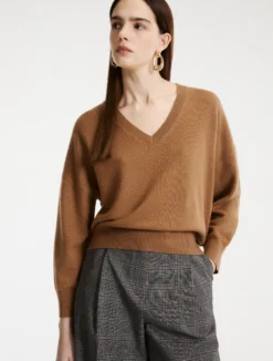 Maglia con collo a V in cashmere e lana - CAMMELLO