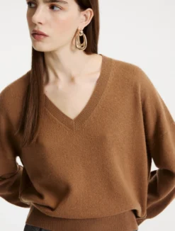 Maglia con collo a V in cashmere e lana - CAMMELLO