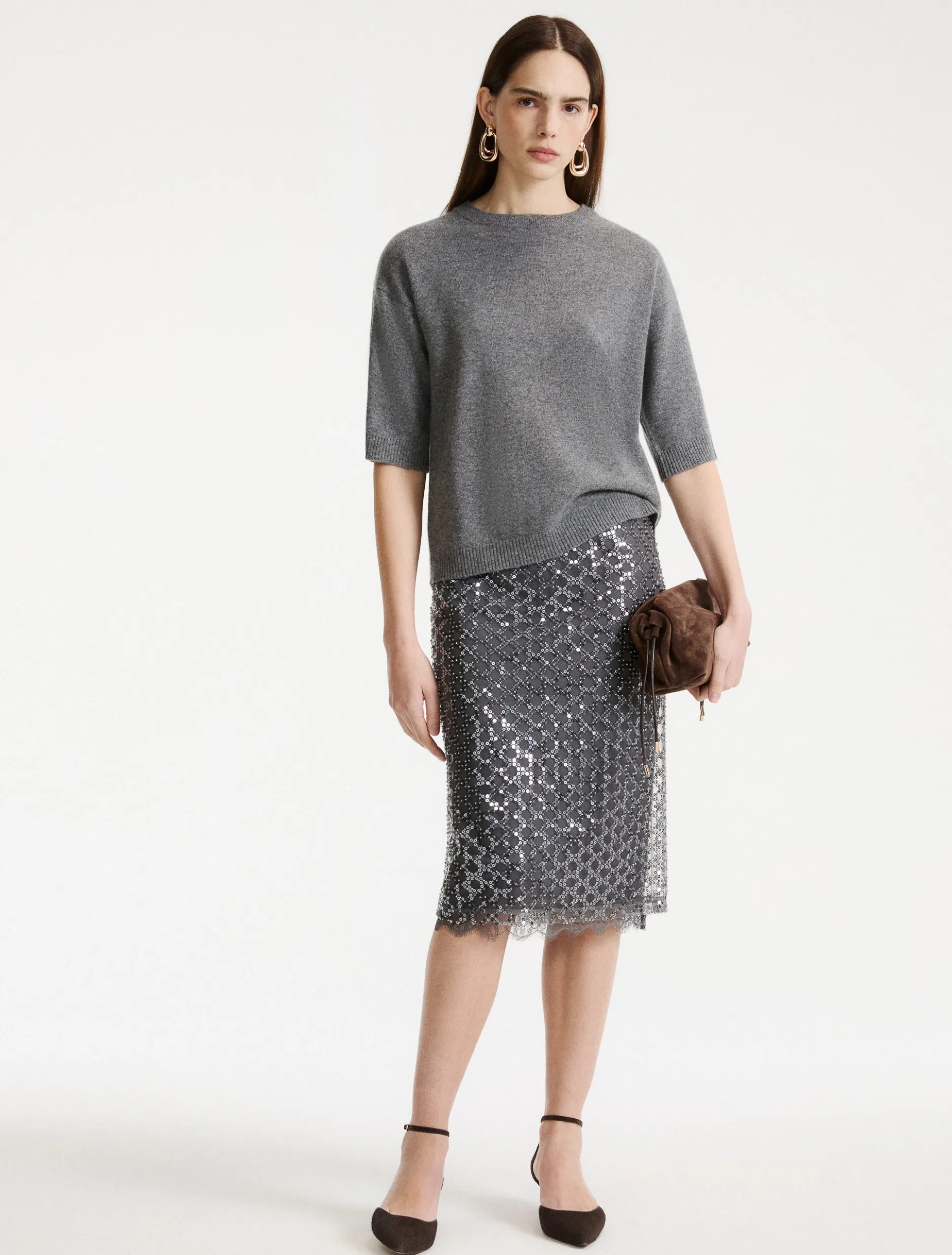Maglia con manica al gomito in cashmere e lana - GRIGIO MEDIO