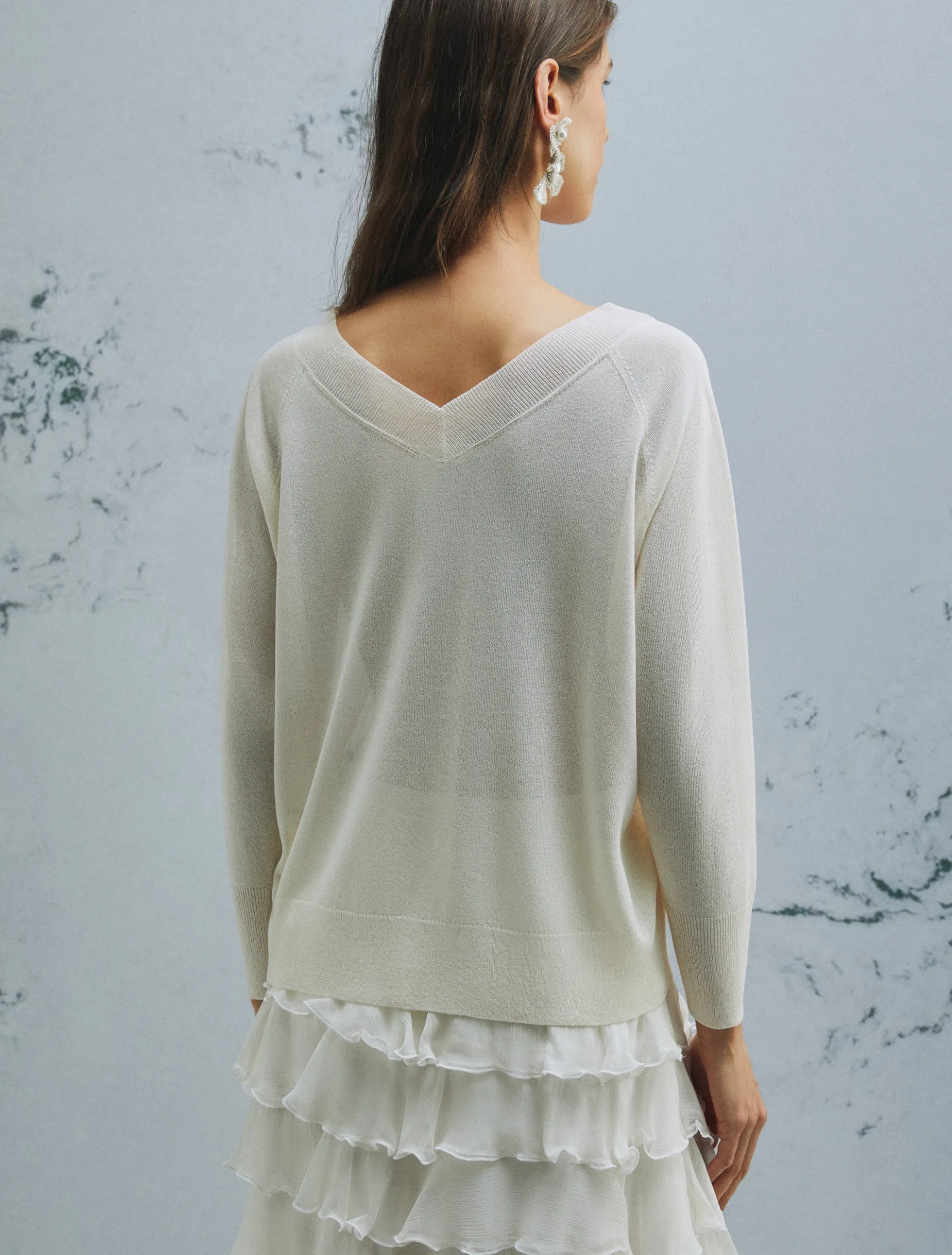 Maglia con scollo a V - BIANCO LANA