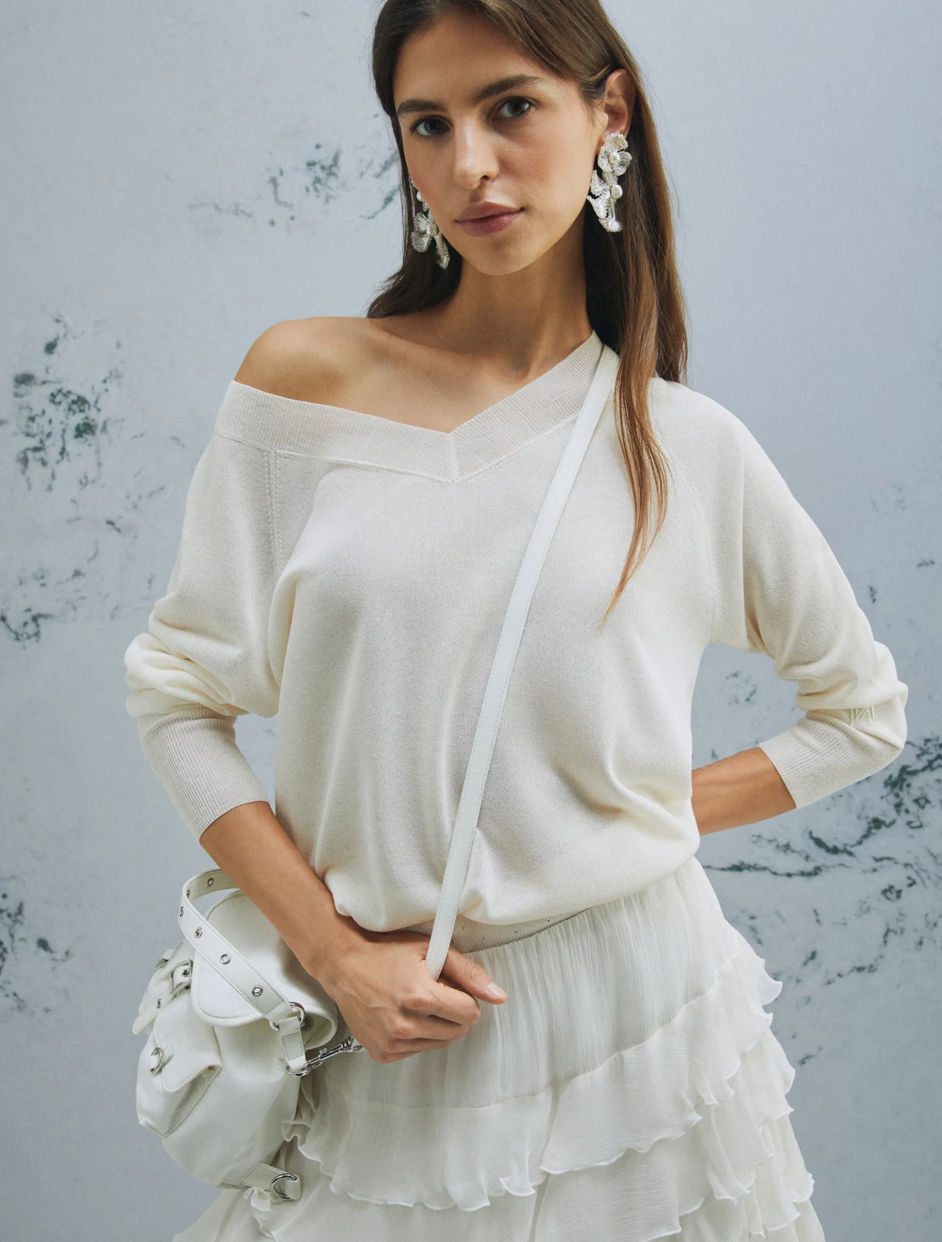 Maglia con scollo a V - BIANCO LANA