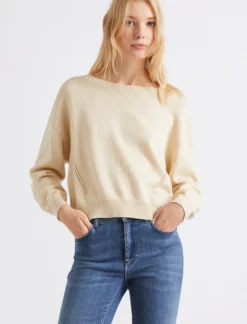 Maglia in cotone con scollo a barchetta - BIANCO LANA