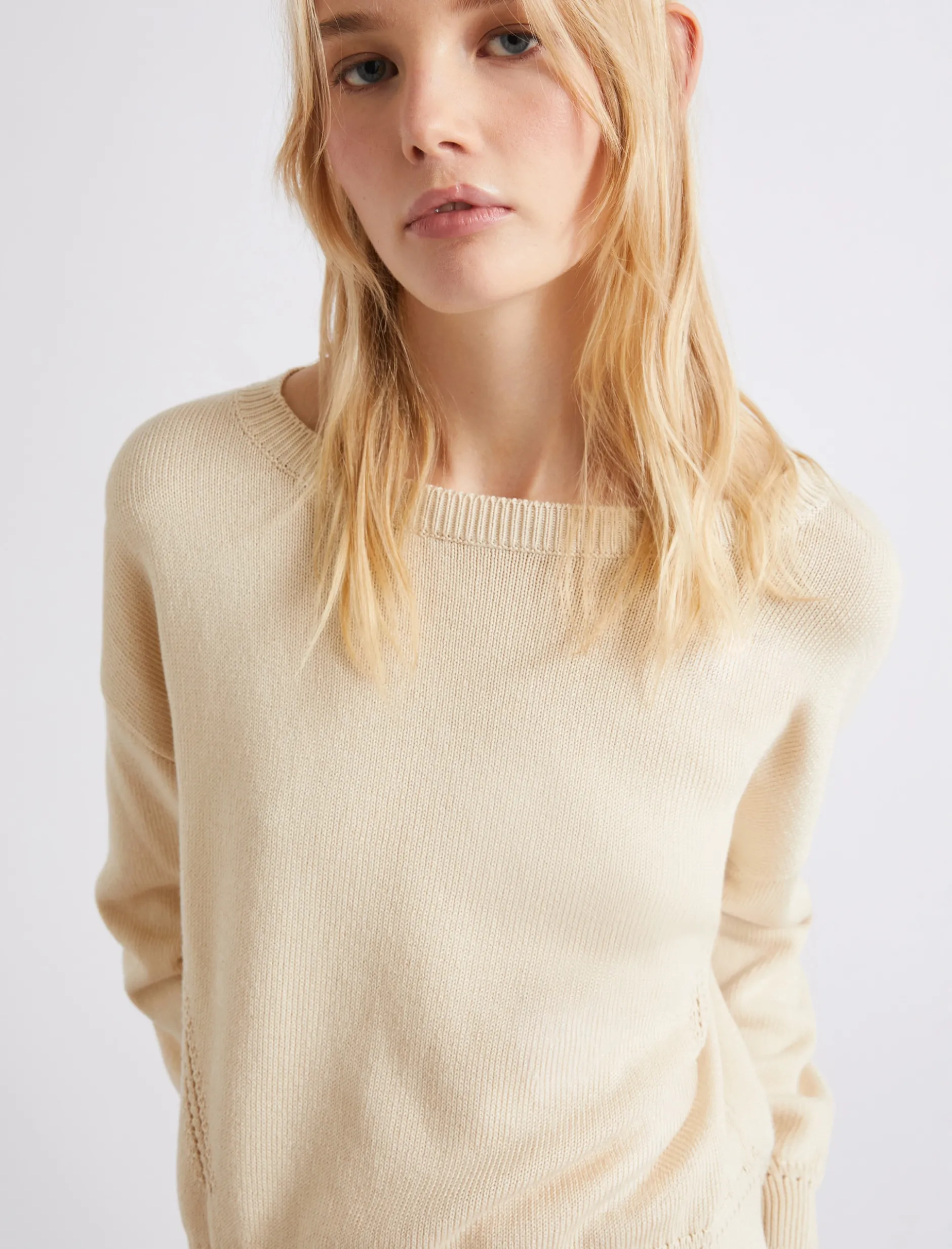 Maglia in cotone con scollo a barchetta - BIANCO LANA